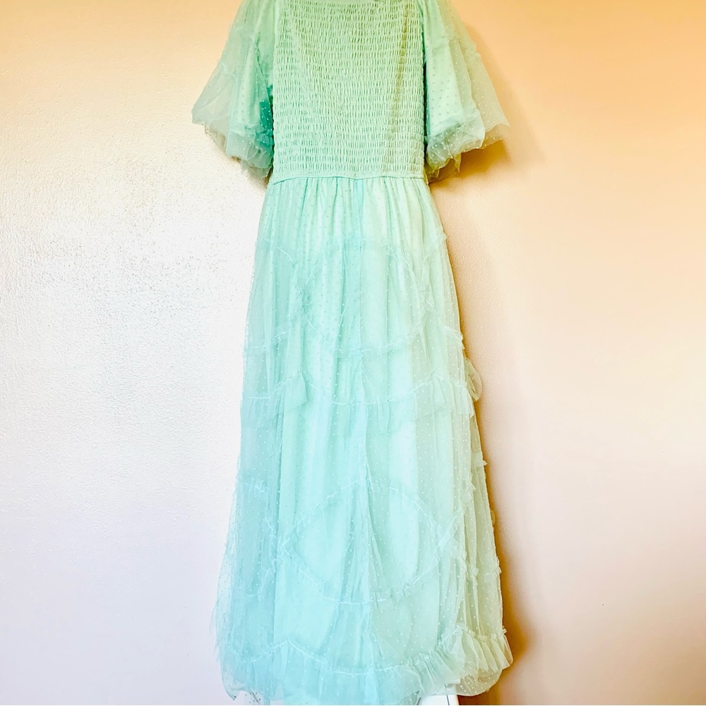 Polagram Mint Green Tulle Swiss Dot Smocked Tiered Dress. - Picture 12 of 16